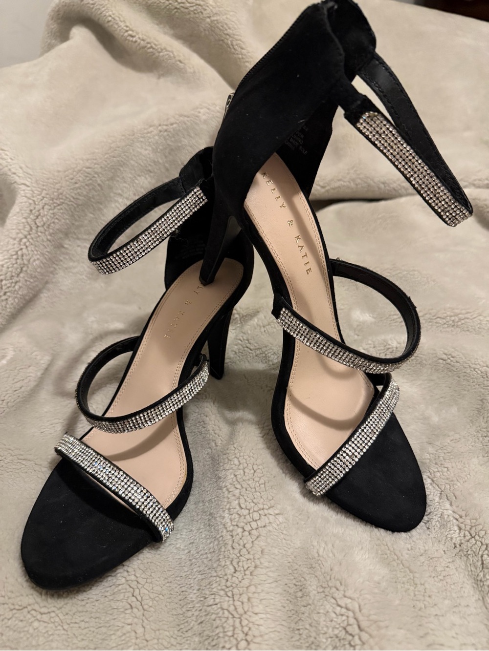 Kelly & Katie Black Suede Heels with Rhinestone Straps